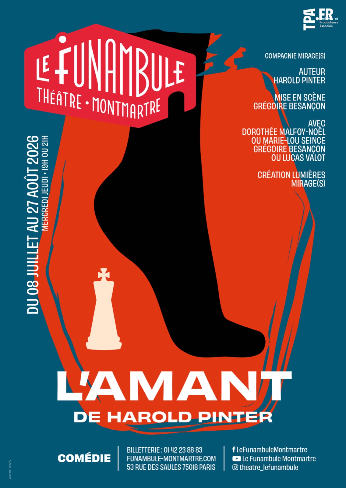 Affiche L'Amant, Harold Pinter, reprise Funambule Montmartre